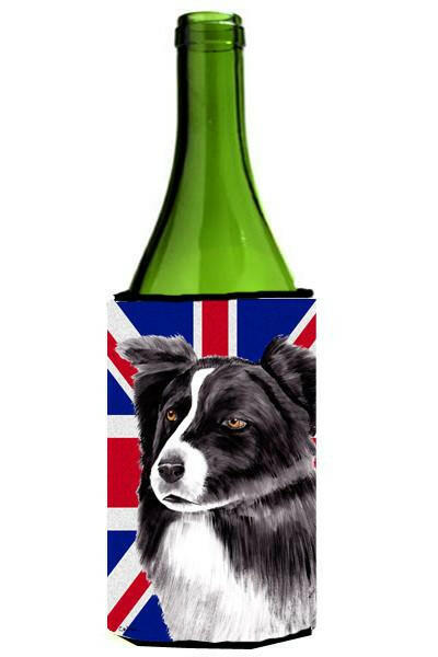 Border Collie with English Union Jack British Flag Wine Bottle Beverage Insulator Hugger SC9824LITERK by Caroline&#39;s Treasures