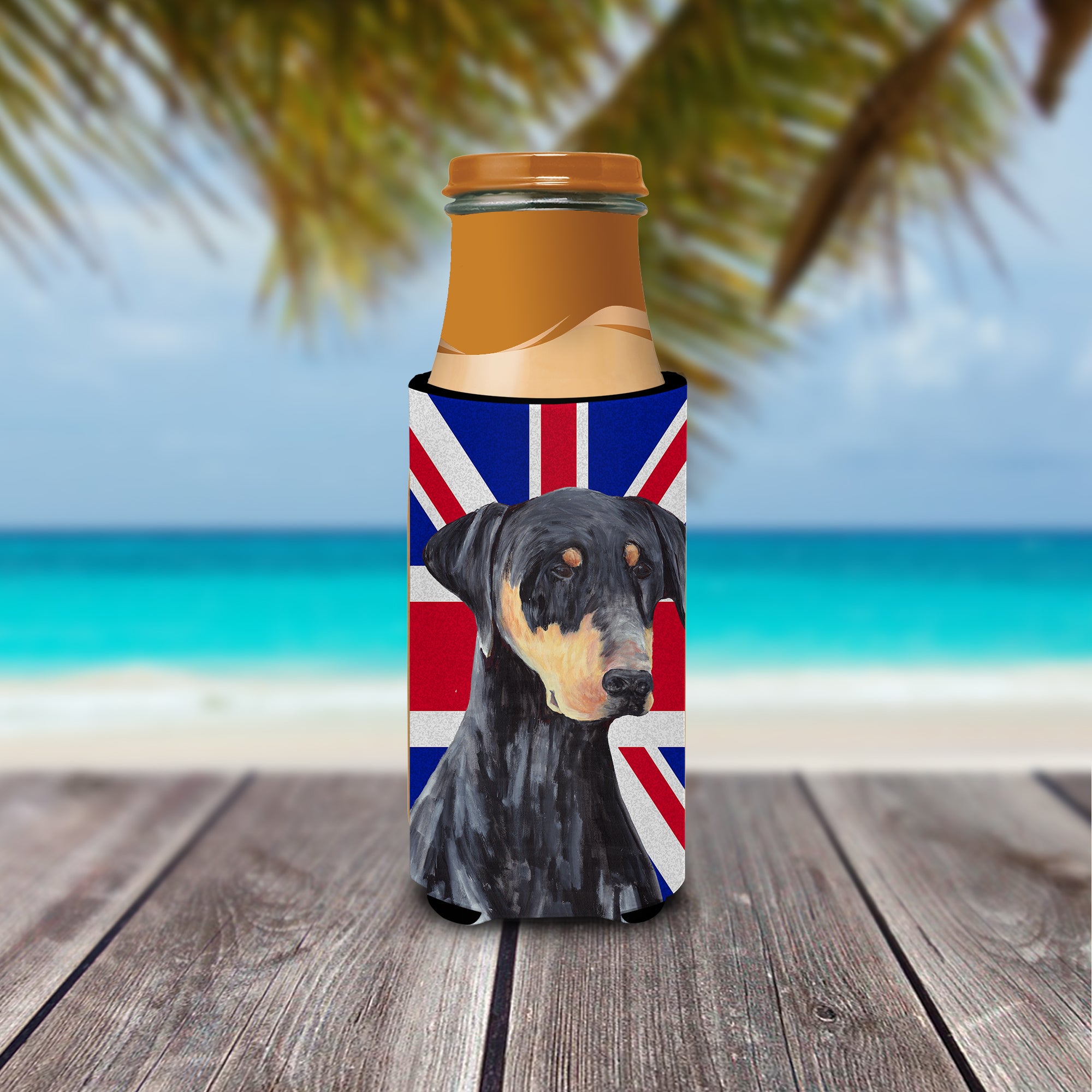 Doberman with English Union Jack British Flag Ultra Beverage Insulators for slim cans SC9834MUK.
