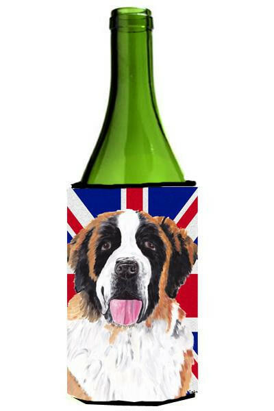 Saint Bernard with English Union Jack British Flag Wine Bottle Beverage Insulator Hugger SC9839LITERK by Caroline&#39;s Treasures