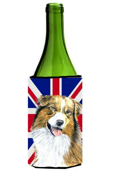 Australian Shepherd with English Union Jack British Flag Wine Bottle Beverage Insulator Hugger SC9854LITERK by Caroline&#39;s Treasures