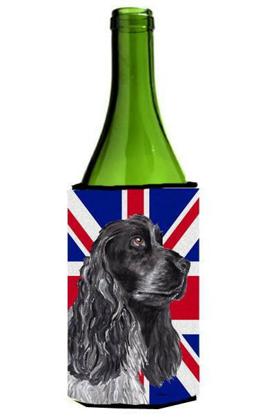 Black Cocker Spaniel with Engish Union Jack British Flag Wine Bottle Beverage Insulator Hugger SC9868LITERK by Caroline&#39;s Treasures