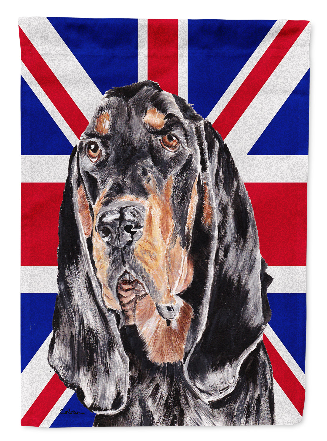 Black and Tan Coonhound with Engish Union Jack British Flag Flag Canvas House Size SC9869CHF  the-store.com.