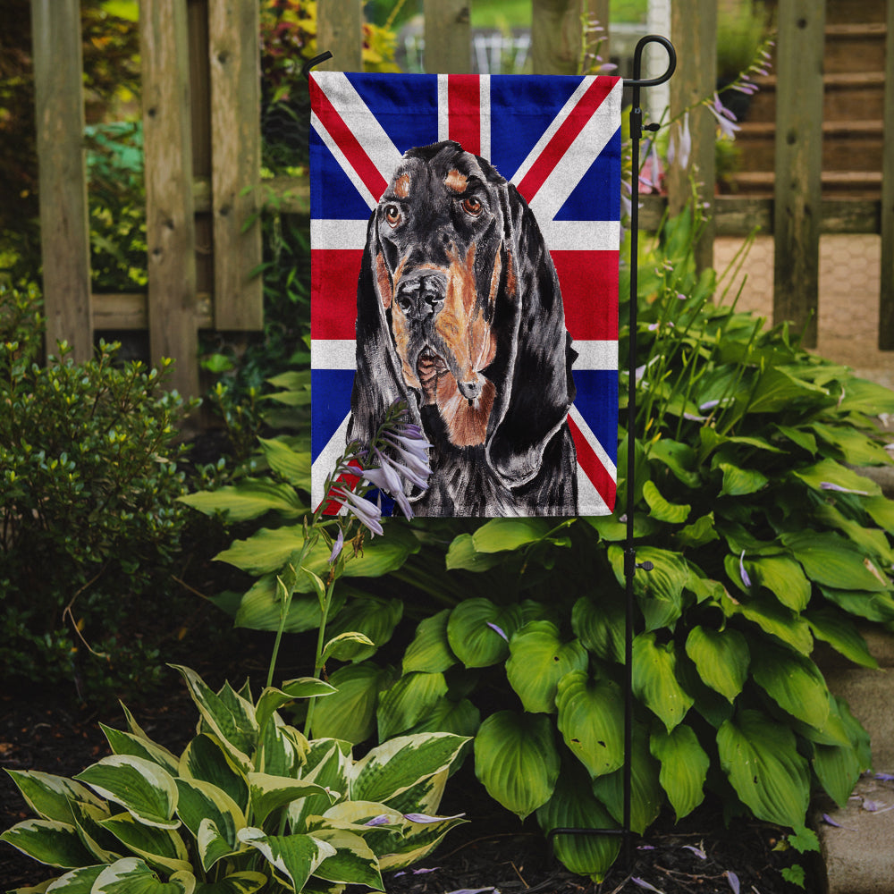 Black and Tan Coonhound with Engish Union Jack British Flag Flag Garden Size  the-store.com.