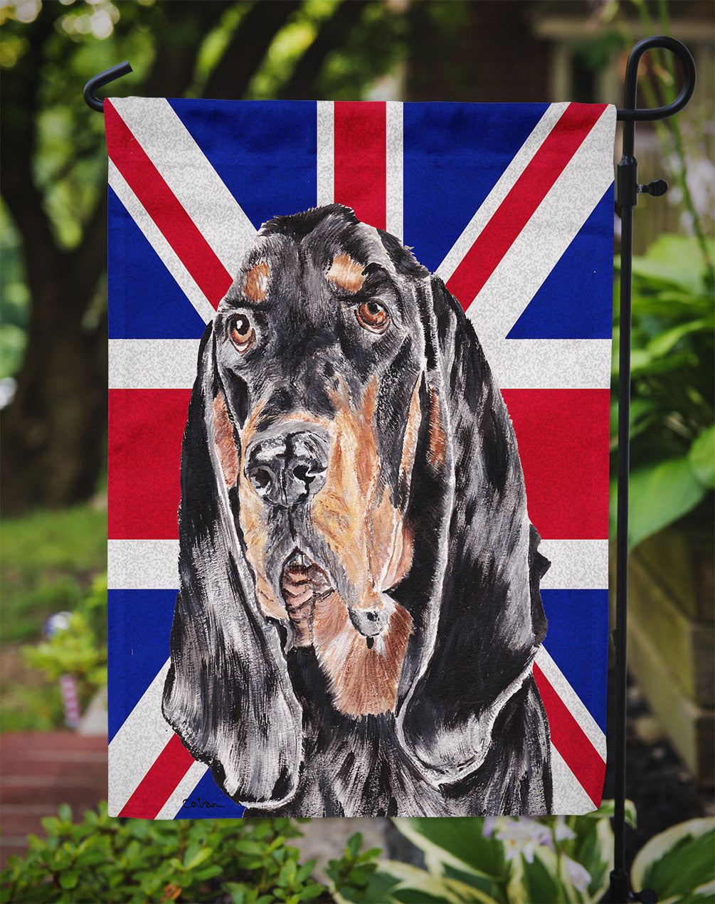 Black and Tan Coonhound with Engish Union Jack British Flag Flag Garden Size