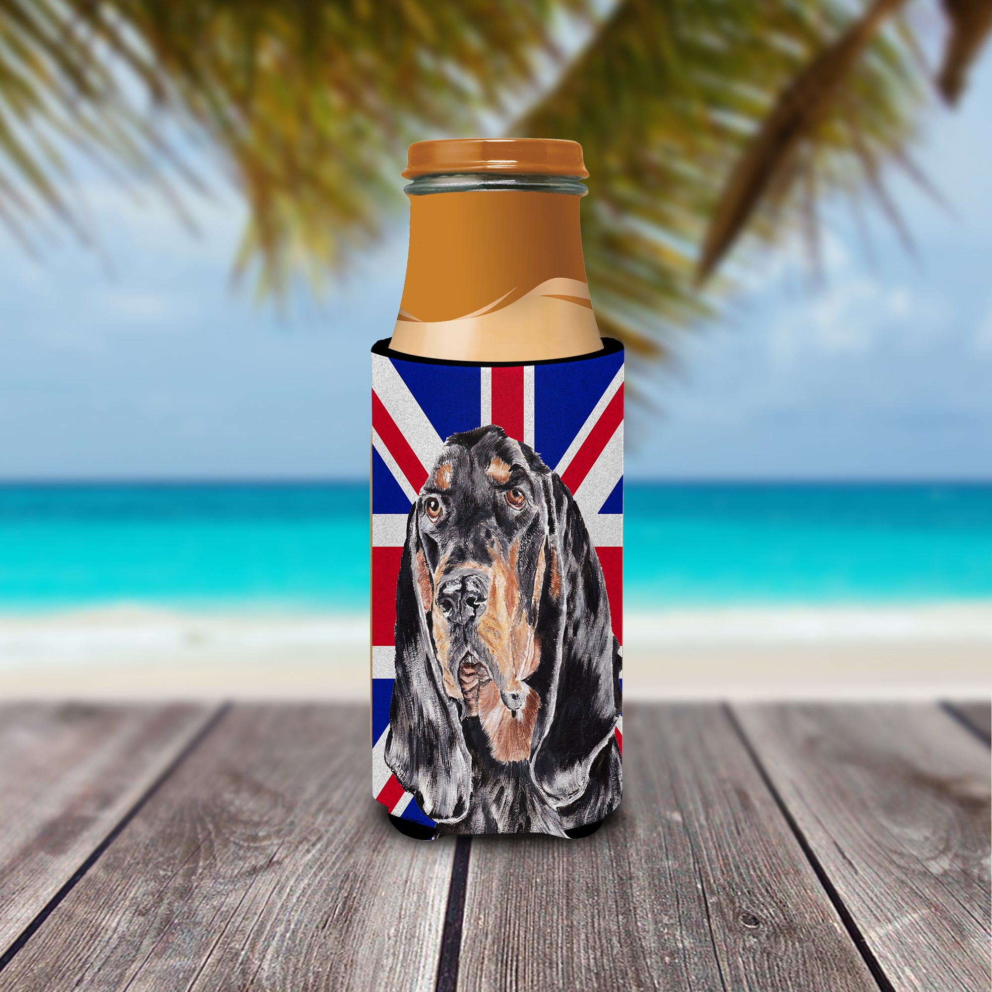 Black and Tan Coonhound with Engish Union Jack British Flag Ultra Beverage Insulators for slim cans SC9869MUK.