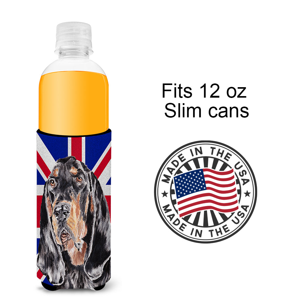 Black and Tan Coonhound with Engish Union Jack British Flag Ultra Beverage Insulators for slim cans SC9869MUK.