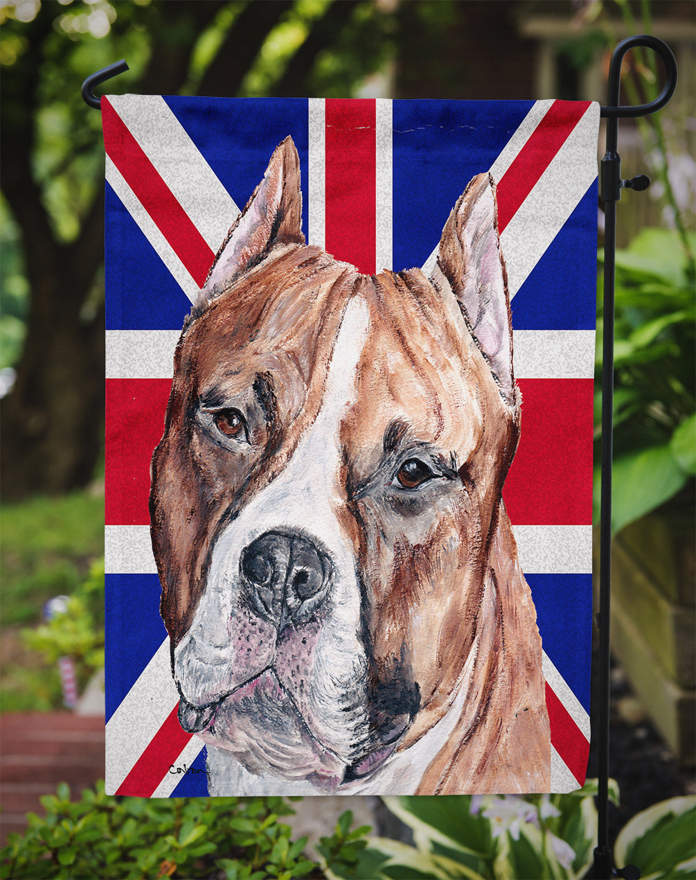 Staffordshire Bull Terrier Staffie with English Union Jack British Flag Flag Garden Size SC9883GF  the-store.com.