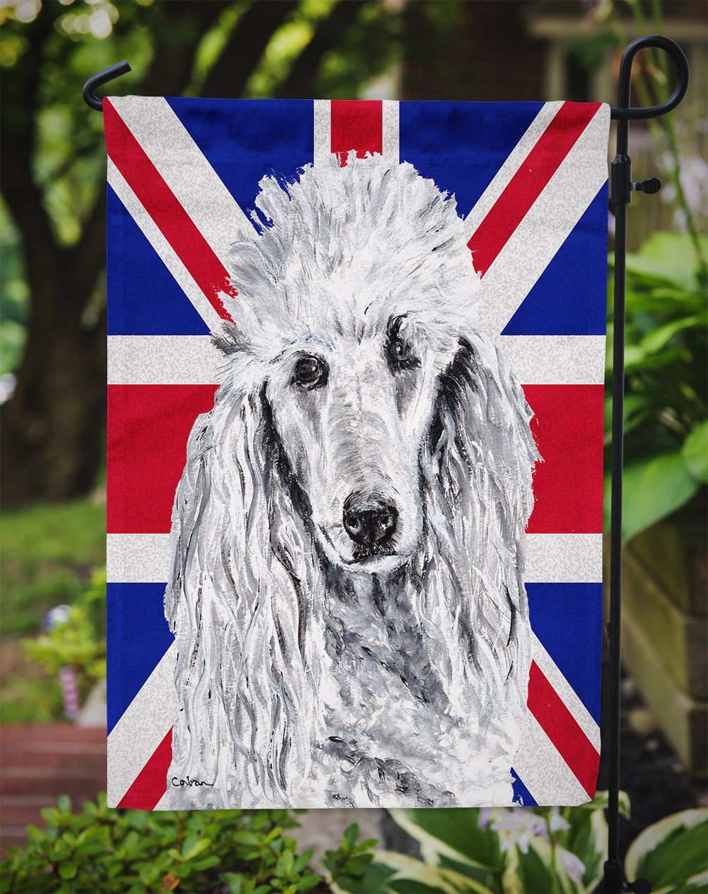 White Standard Poodle with English Union Jack British Flag Flag Garden Size SC9884GF  the-store.com.