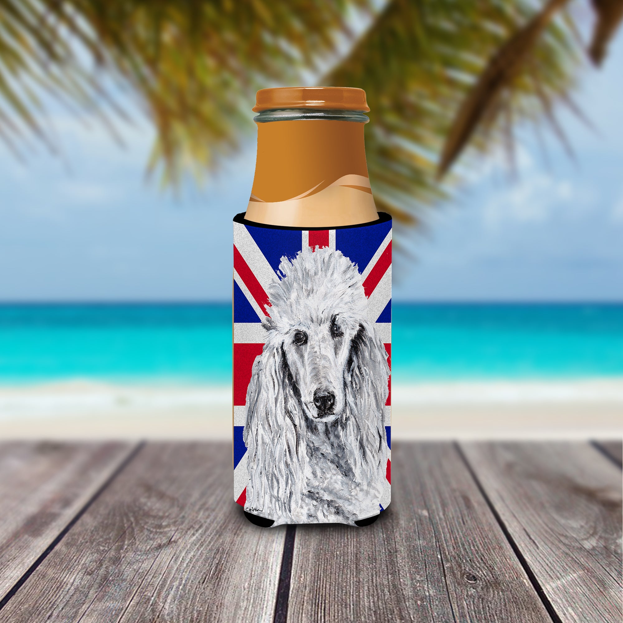 White Standard Poodle with English Union Jack British Flag Ultra Beverage Insulators for slim cans SC9884MUK.