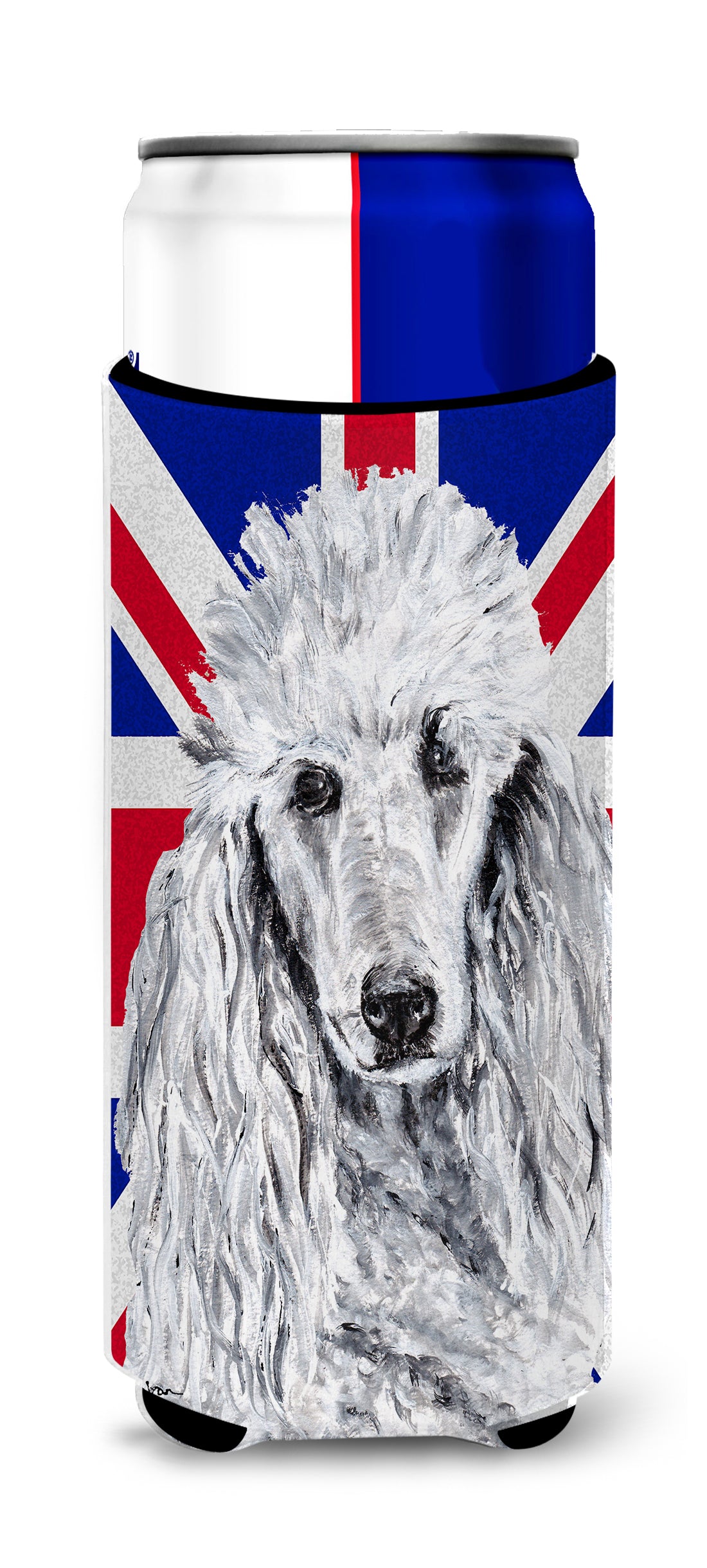 White Standard Poodle with English Union Jack British Flag Ultra Beverage Insulators for slim cans SC9884MUK.