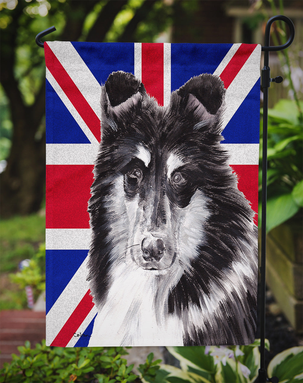 Black and White Collie with English Union Jack British Flag Flag Garden Size SC9885GF  the-store.com.