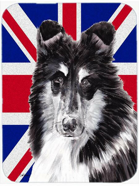Black and White Collie with English Union Jack British Flag Glass Cutting Board Large Size SC9885LCB by Caroline&#39;s Treasures