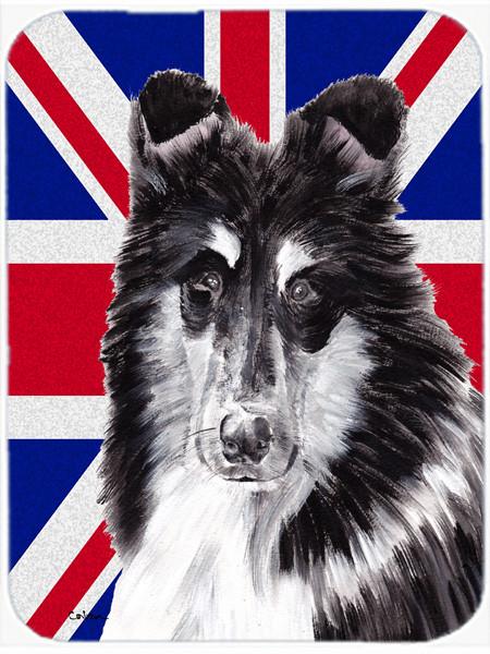 Black and White Collie with English Union Jack British Flag Glass Cutting Board Large Size SC9885LCB by Caroline's Treasures