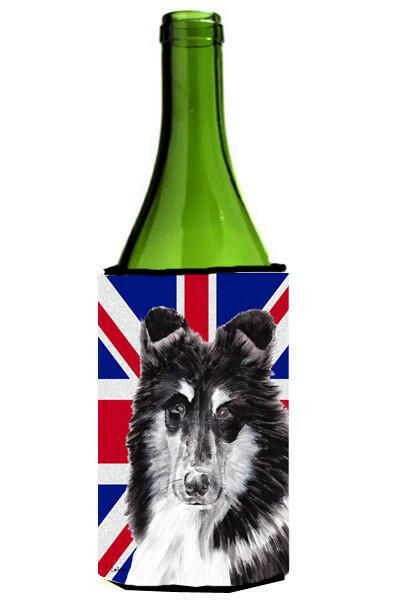 Black and White Collie with English Union Jack British Flag Wine Bottle Beverage Insulator Hugger SC9885LITERK by Caroline&#39;s Treasures