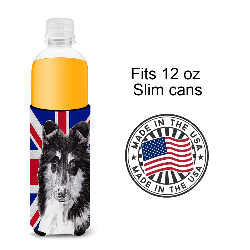 Black and White Collie with English Union Jack British Flag Ultra Beverage Insulators for slim cans SC9885MUK.