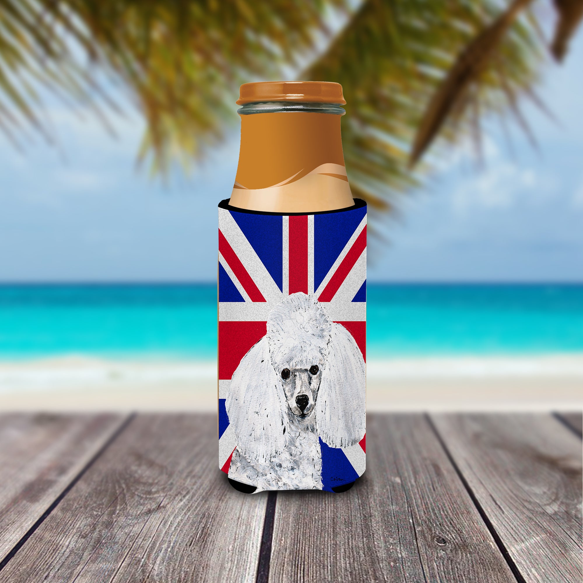 White Toy Poodle with English Union Jack British Flag Ultra Beverage Insulators for slim cans SC9886MUK.