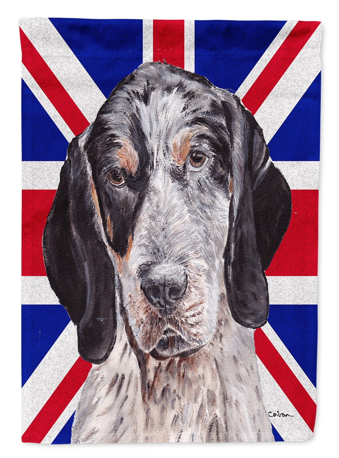 Blue Tick Coonhound with English Union Jack British Flag Flag Canvas House Size SC9890CHF  the-store.com.