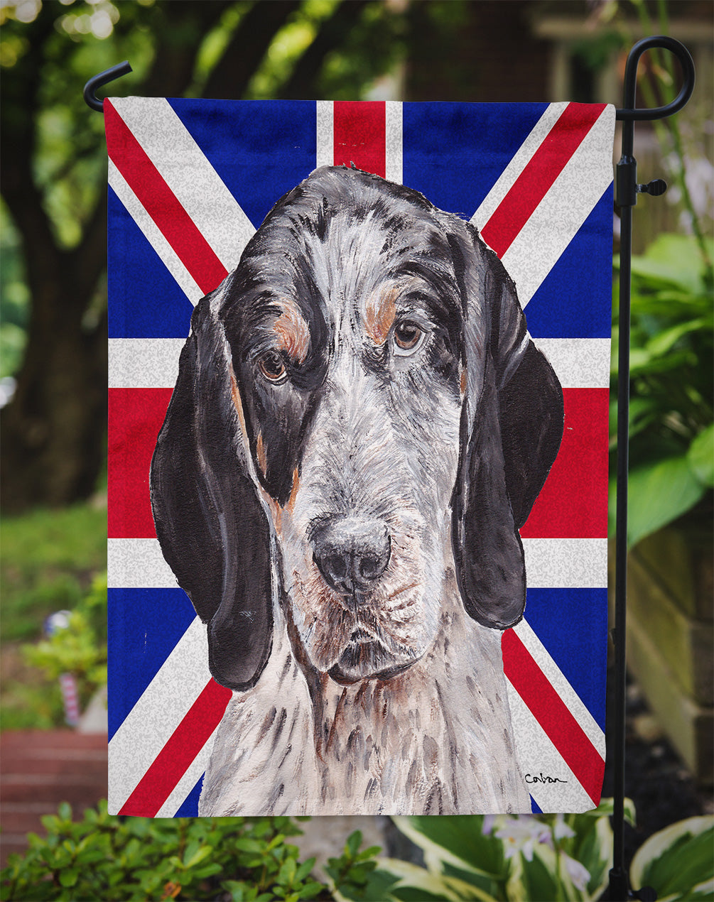 Blue Tick Coonhound with English Union Jack British Flag Flag Garden Size  the-store.com.