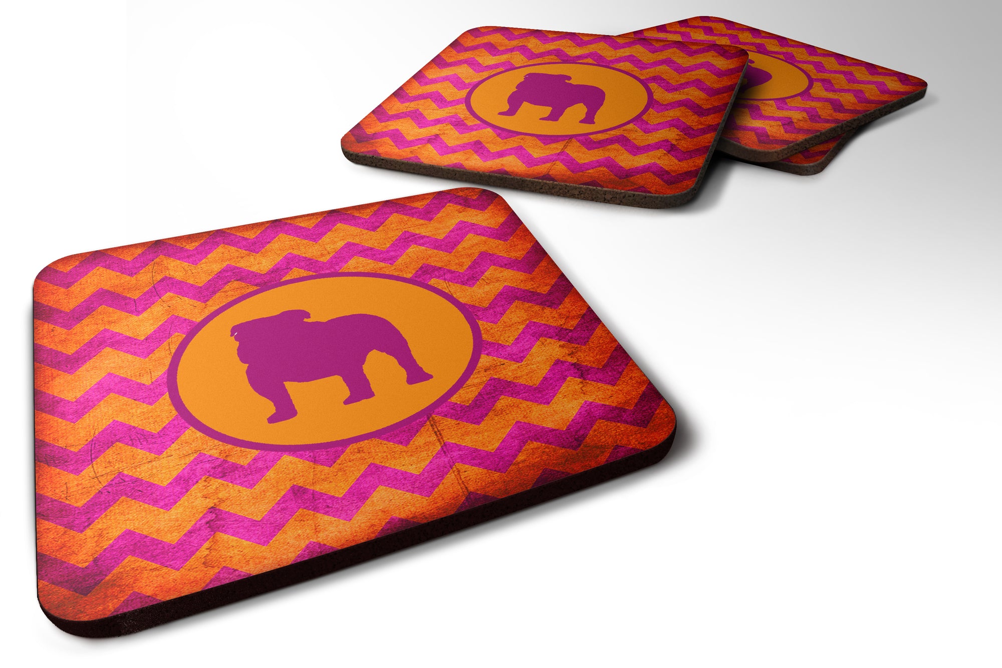 Set of 4 Bulldog Chevron Pink and Orange Foam Coasters - the-store.com