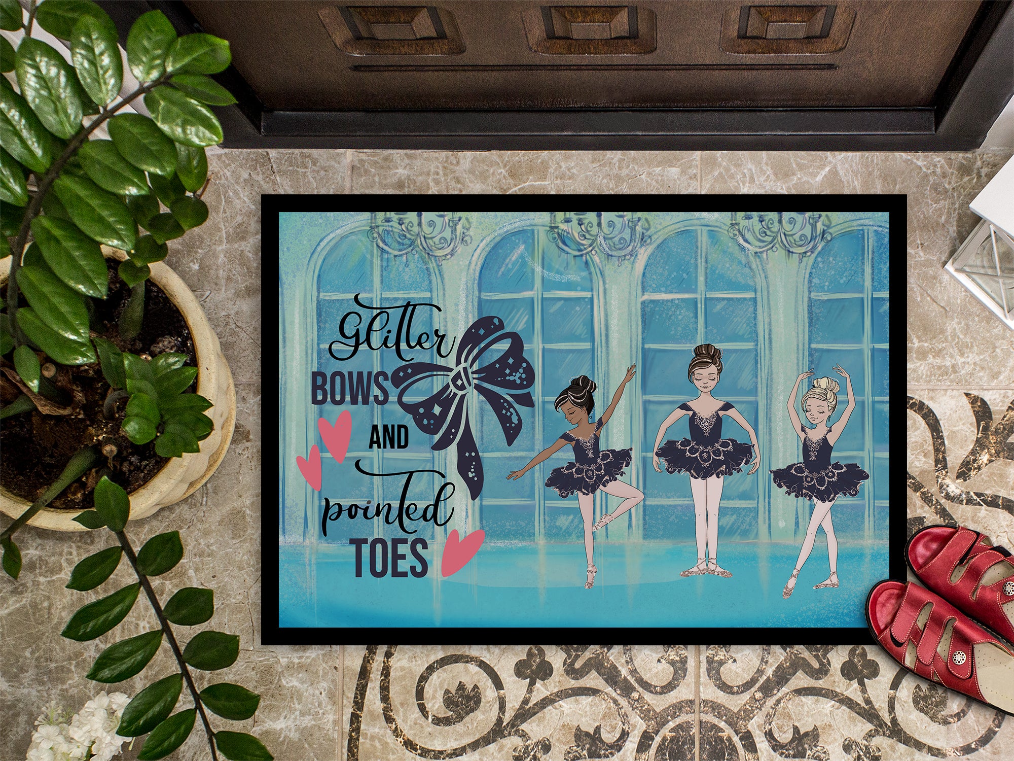 Glitter Bows and Pointed Toes Dance Indoor or Outdoor Mat 18x27 - the-store.com