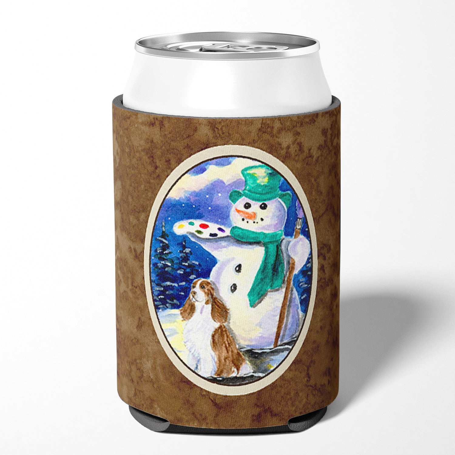 Artist Snowman with Springer Spaniel Can or Bottle Beverage Insulator Hugger.
