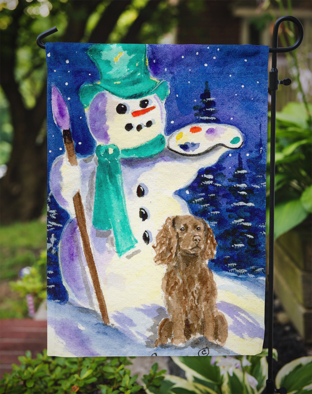 Artist Snowman with Boykin Spaniel Flag Garden Size