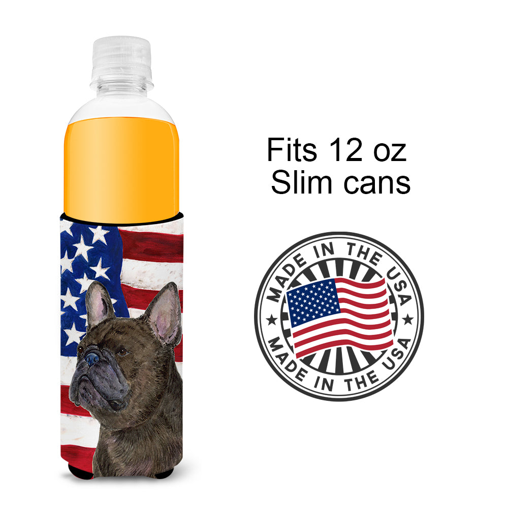 USA American Flag with French Bulldog Ultra Beverage Insulators for slim cans SS4003MUK