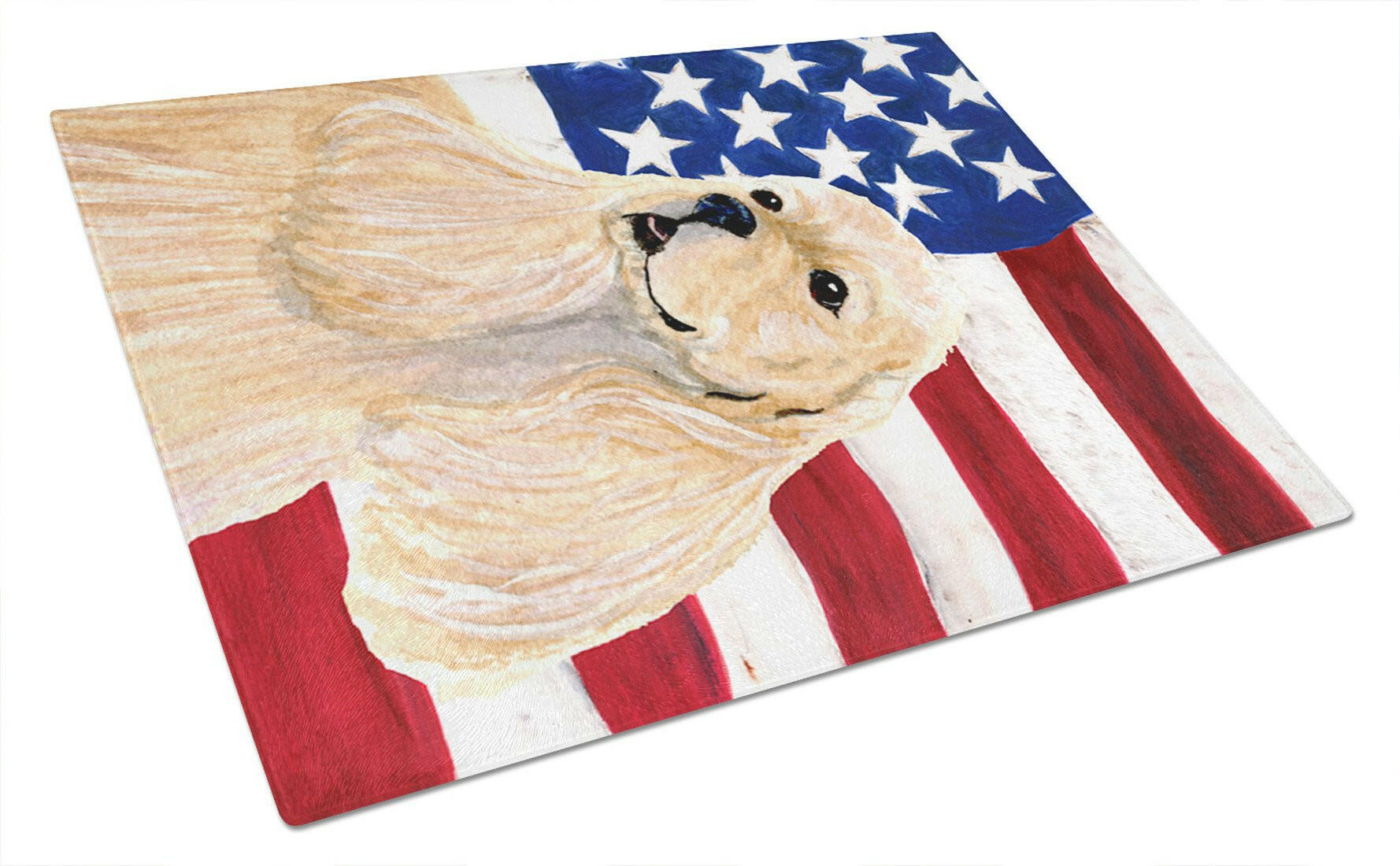 USA American Flag with Cocker Spaniel Glass Cutting Board Large by Caroline's Treasures
