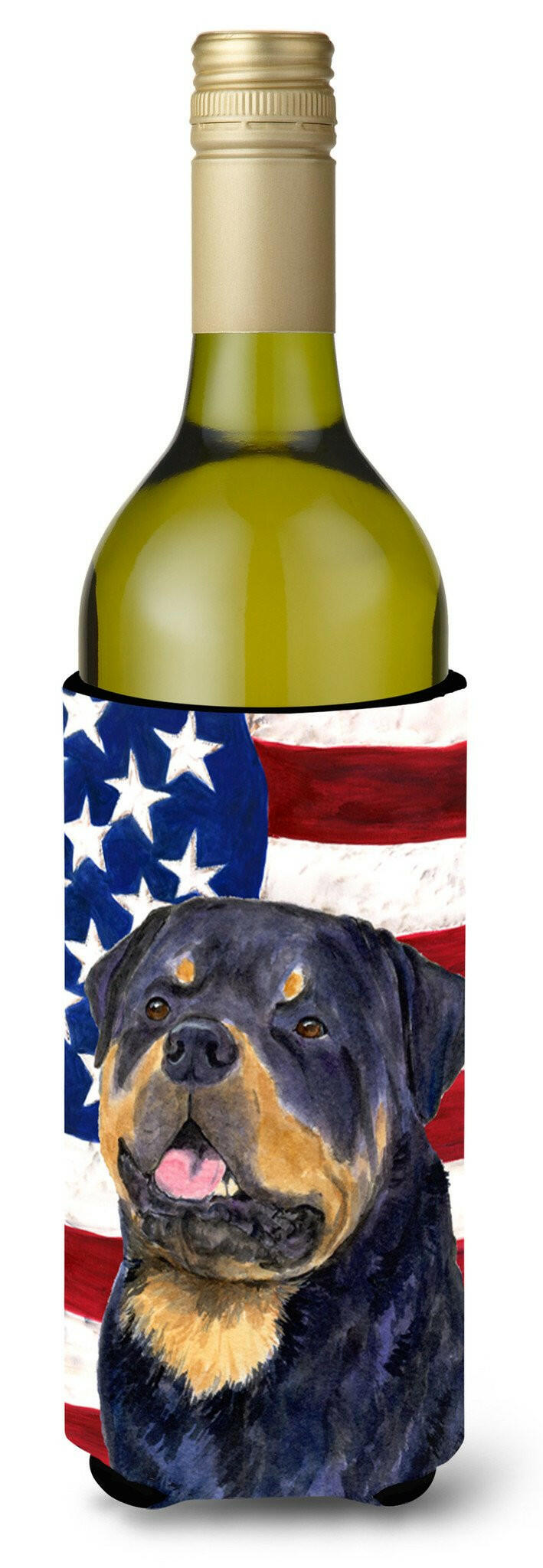 USA American Flag with Rottweiler Wine Bottle Beverage Insulator Beverage Insulator Hugger by Caroline&#39;s Treasures
