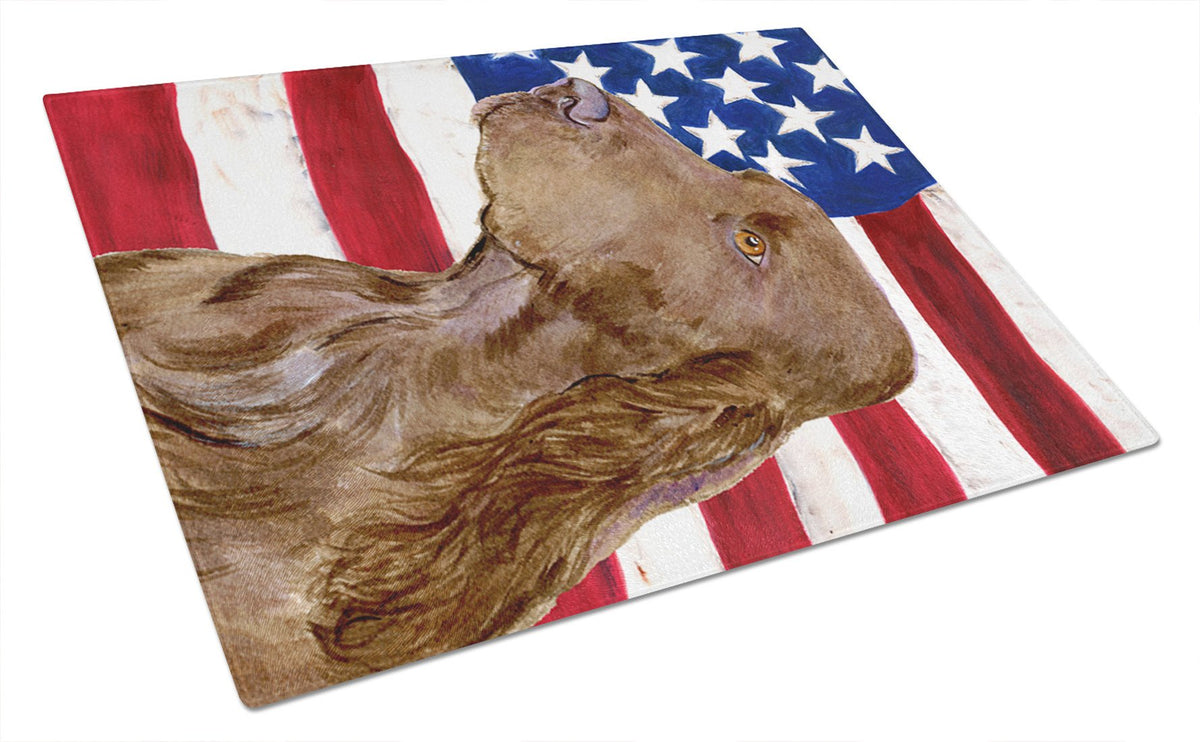 USA American Flag with Field Spaniel Glass Cutting Board Large by Caroline&#39;s Treasures