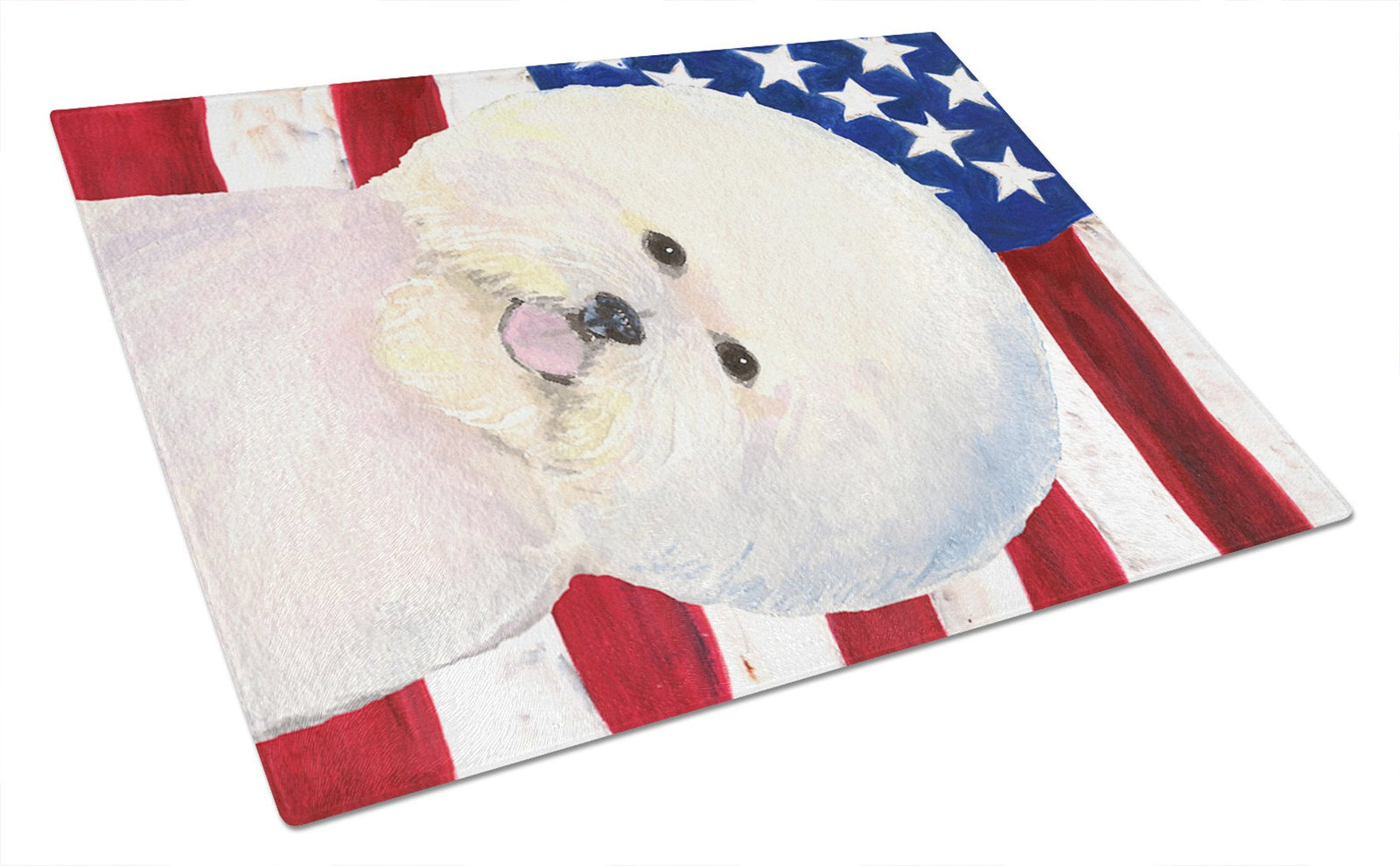 USA American Flag with Bichon Frise Glass Cutting Board Large by Caroline's Treasures
