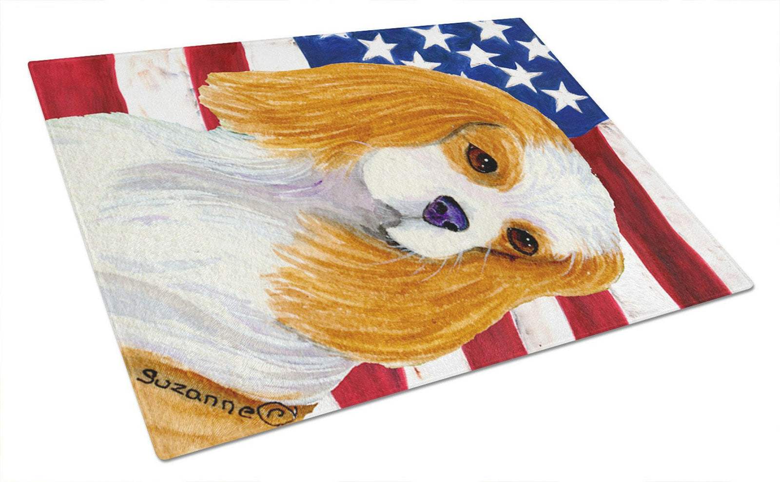 USA American Flag with Cavalier Spaniel Glass Cutting Board Large by Caroline's Treasures