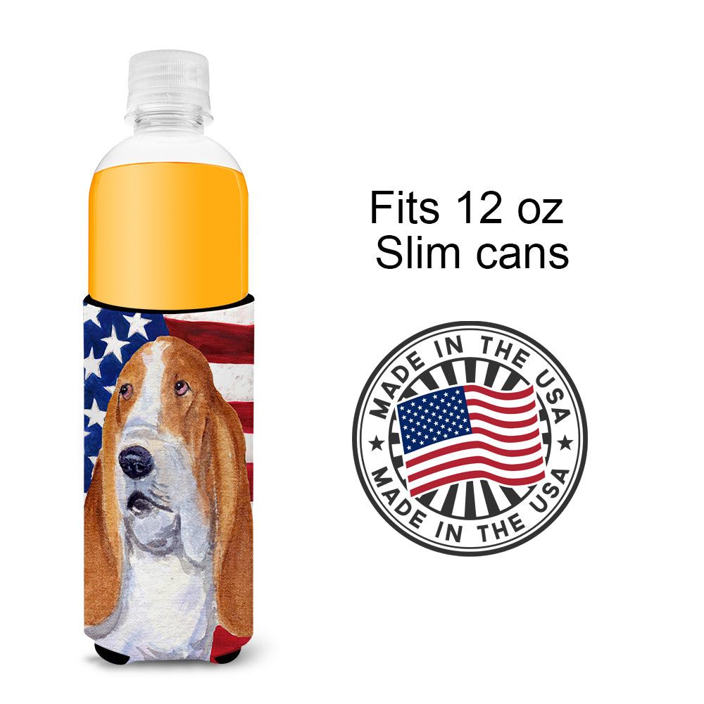 USA American Flag with Basset Hound Ultra Beverage Insulators for slim cans SS4013MUK