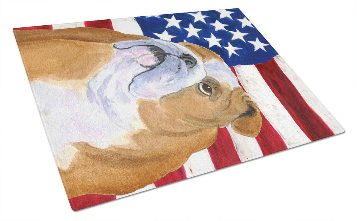 USA American Flag with Bulldog English Glass Cutting Board Large by Caroline&#39;s Treasures