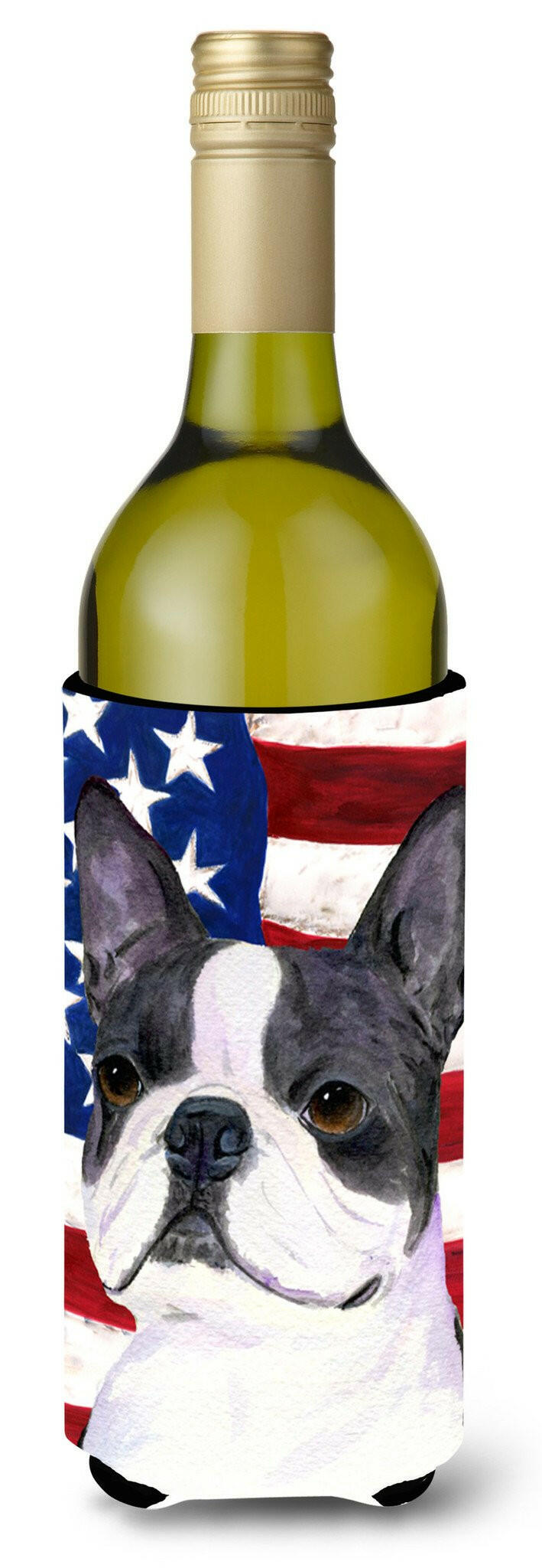 USA American Flag with Boston Terrier Wine Bottle Beverage Insulator Beverage Insulator Hugger SS4021LITERK by Caroline&#39;s Treasures