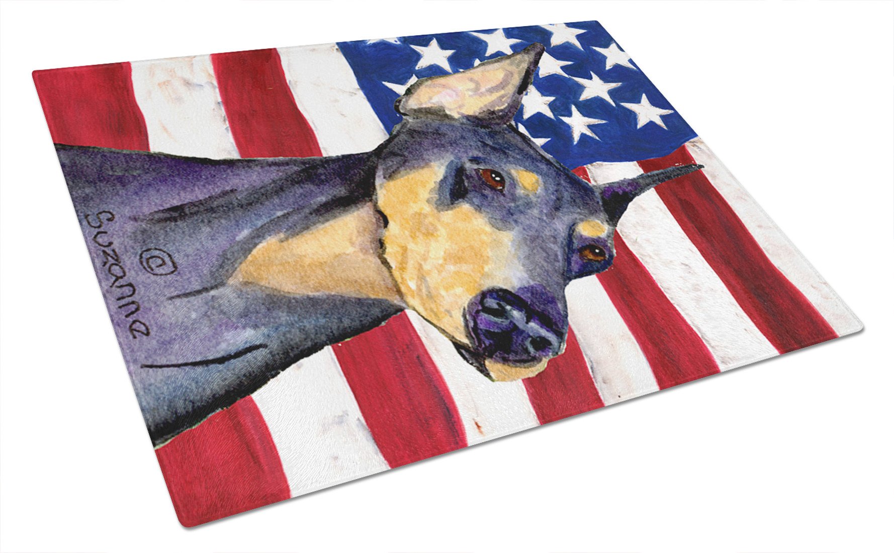 USA American Flag with Doberman Glass Cutting Board Large by Caroline's Treasures