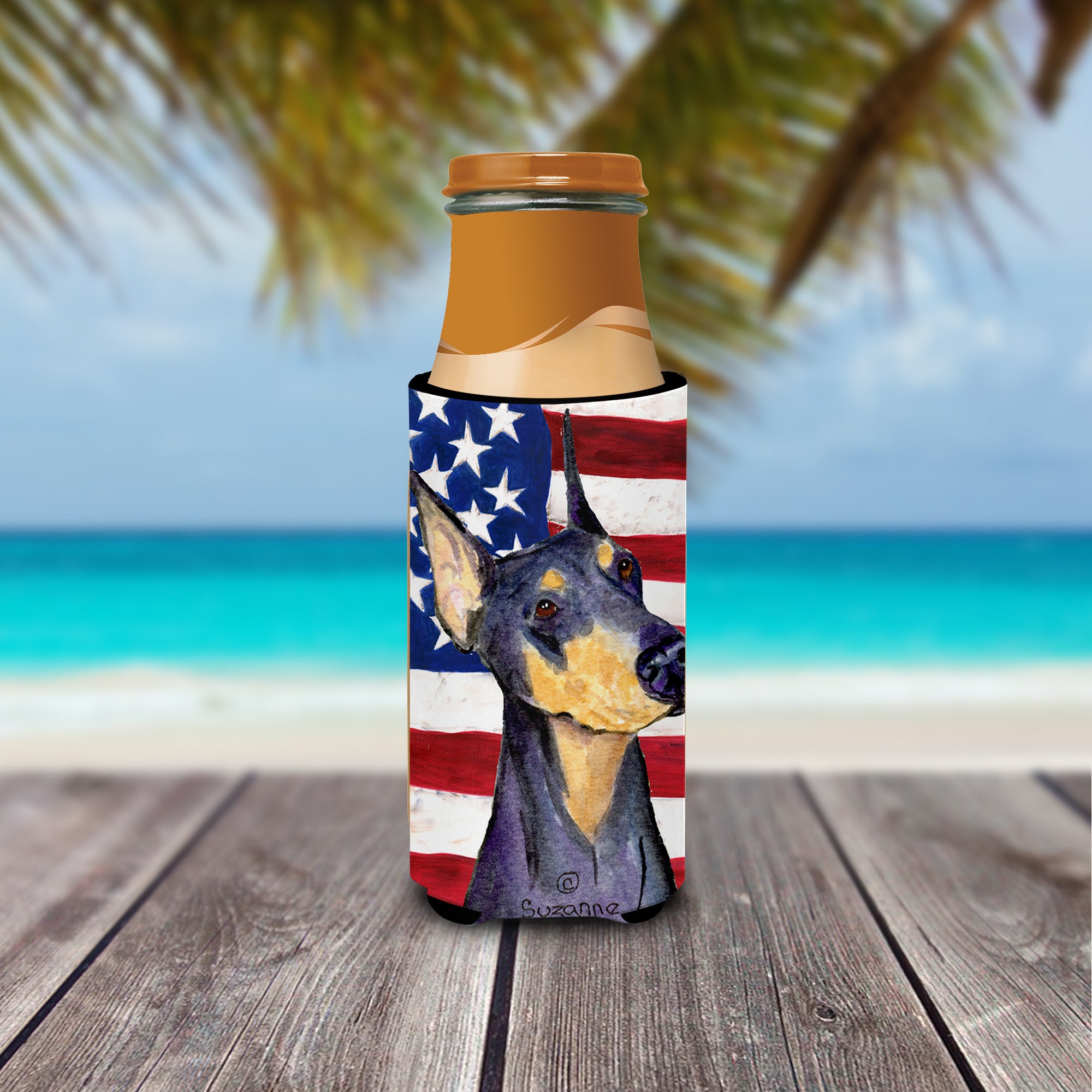 USA American Flag with Doberman Ultra Beverage Insulators for slim cans SS4022MUK