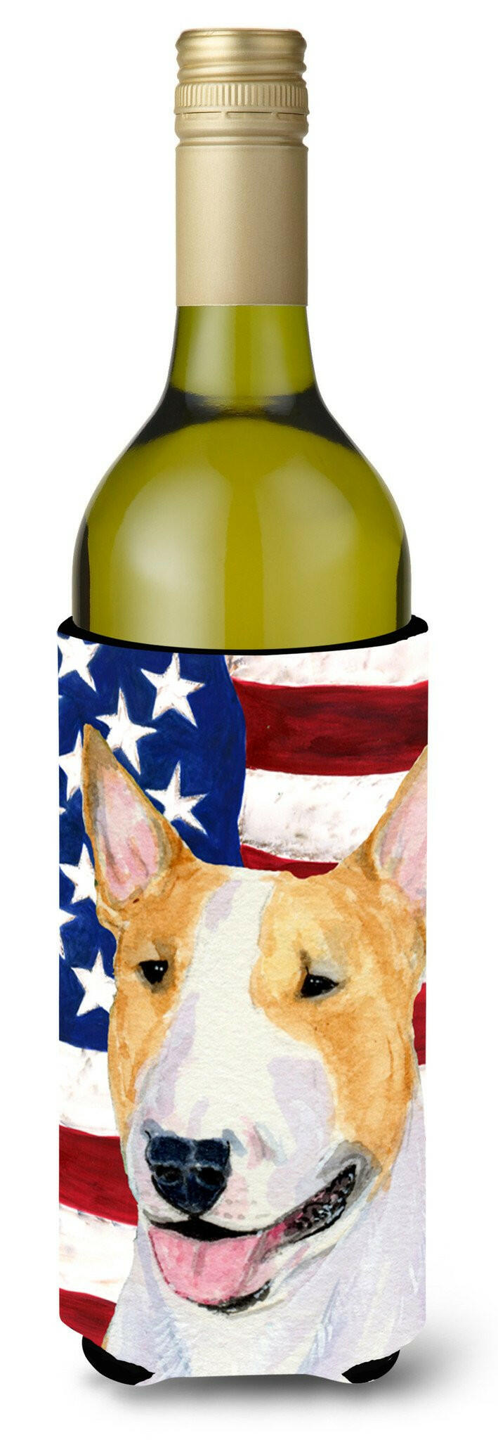 USA American Flag with Bull Terrier Wine Bottle Beverage Insulator Beverage Insulator Hugger by Caroline's Treasures