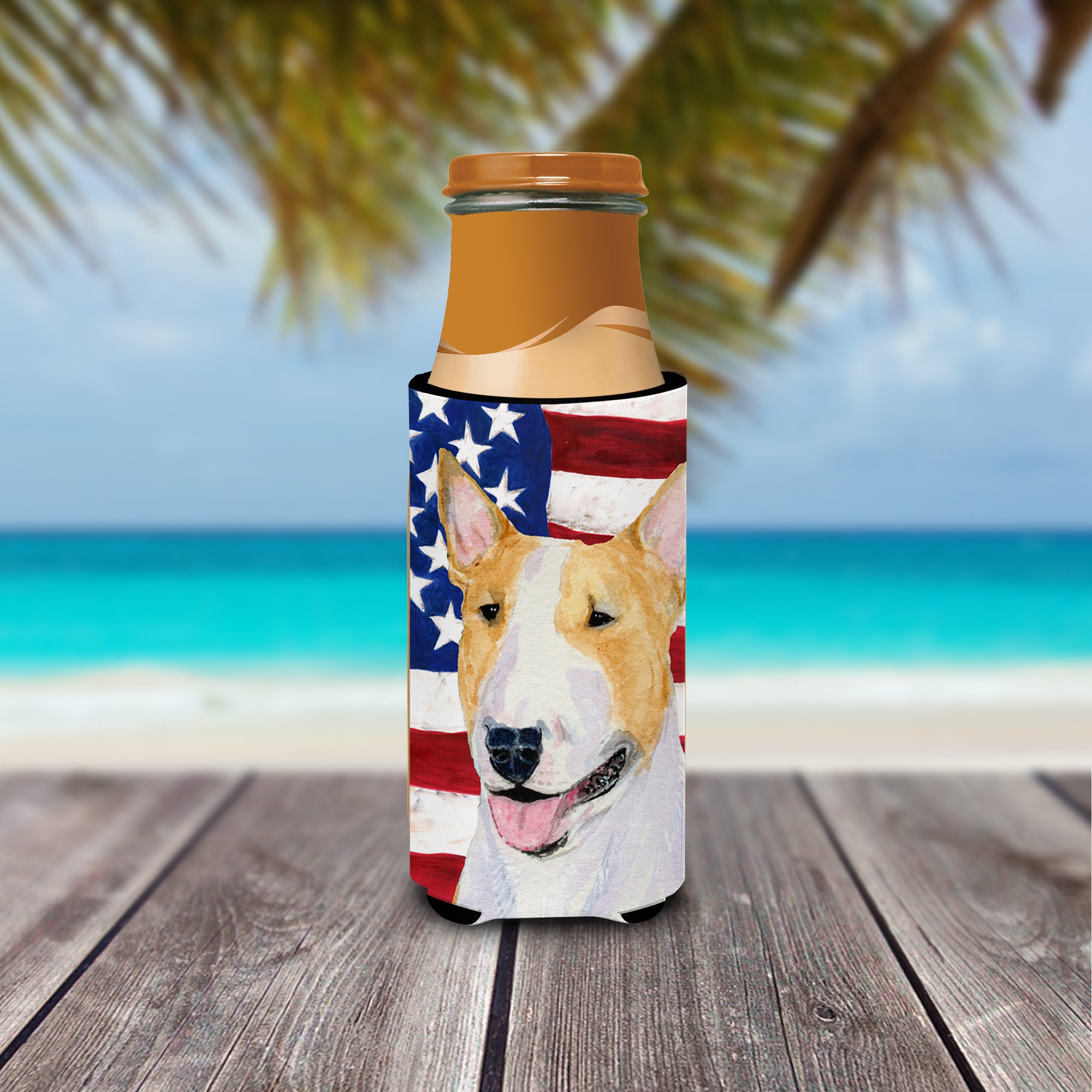 USA American Flag with Bull Terrier Ultra Beverage Insulators for slim cans SS4023MUK