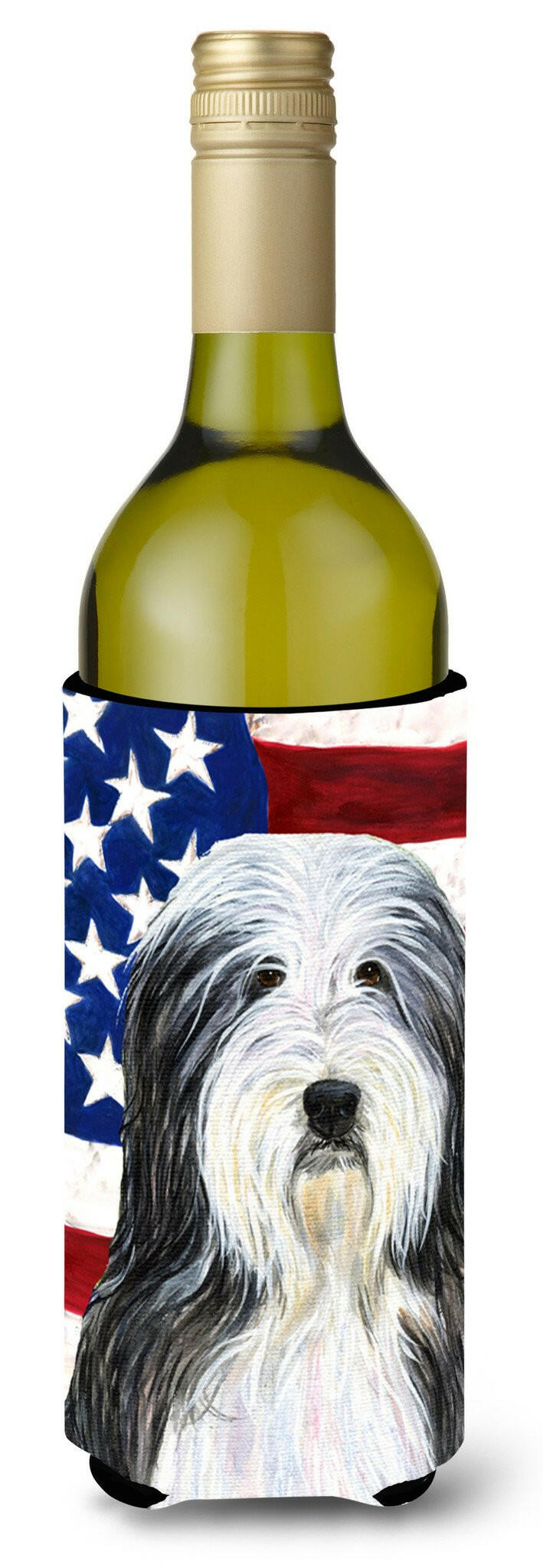 USA American Flag with Bearded Collie Wine Bottle Beverage Insulator Beverage Insulator Hugger by Caroline's Treasures