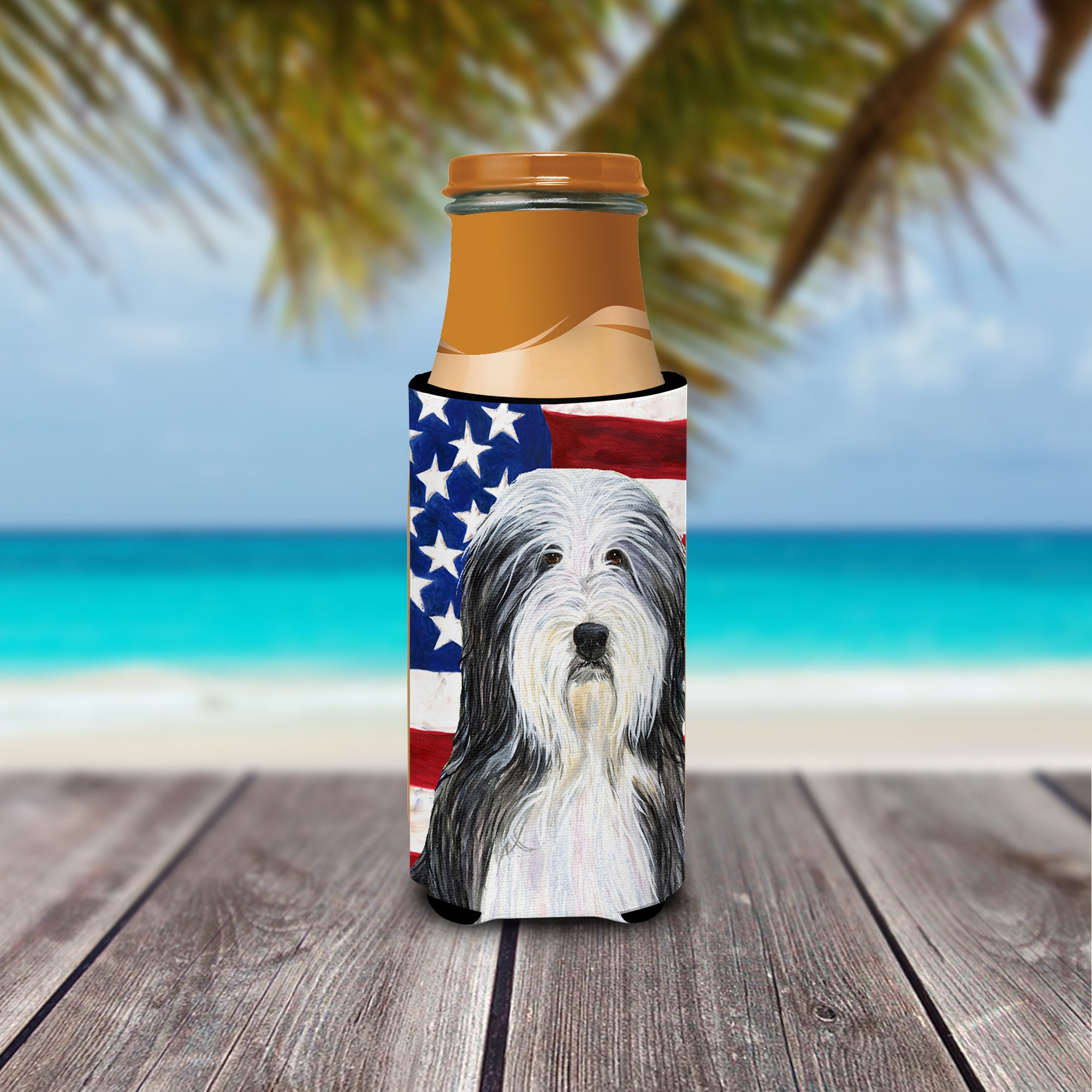 USA American Flag with Bearded Collie Ultra Beverage Insulators for slim cans SS4024MUK.