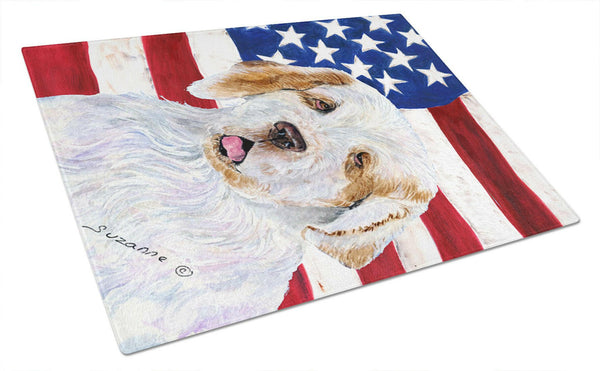 USA American Flag with Clumber Spaniel Glass Cutting Board Large by Caroline's Treasures