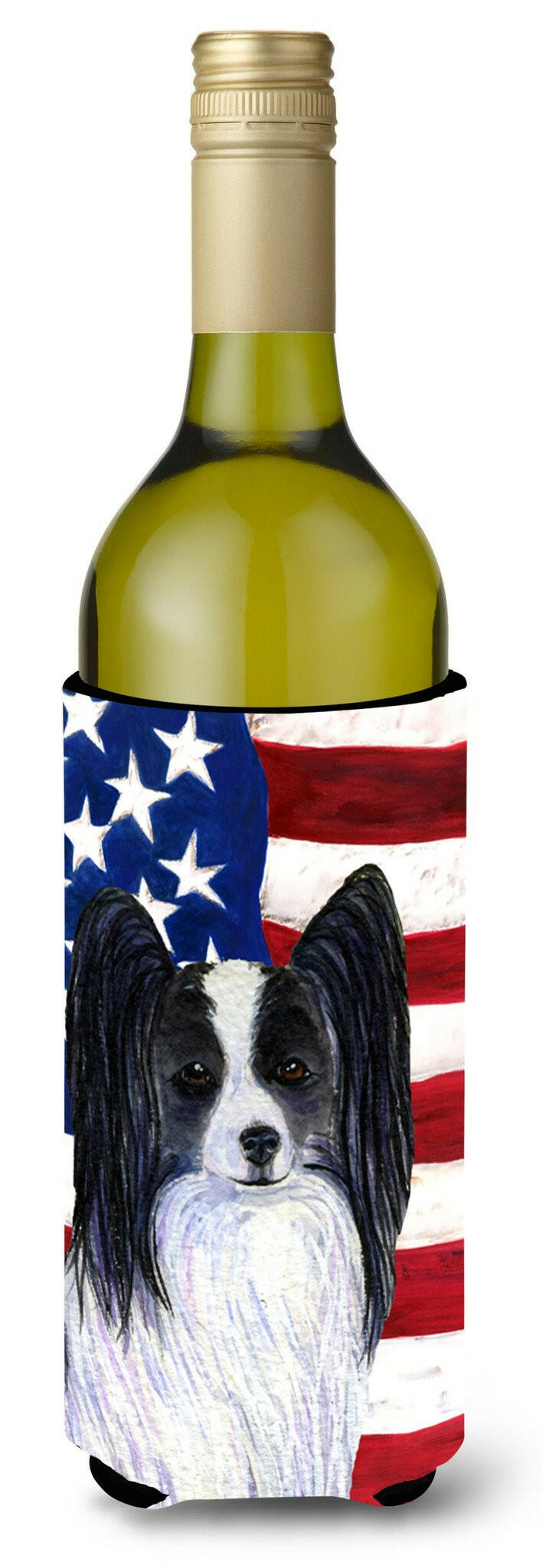 USA American Flag with Papillon Wine Bottle Beverage Insulator Beverage Insulator Hugger by Caroline's Treasures