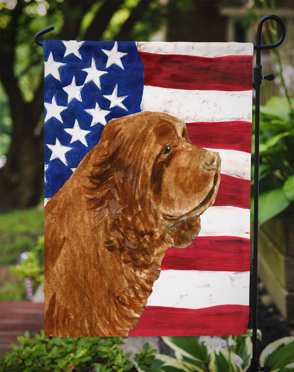 Drapeau américain des États-Unis avec drapeau de l'épagneul du Sussex Taille du jardin