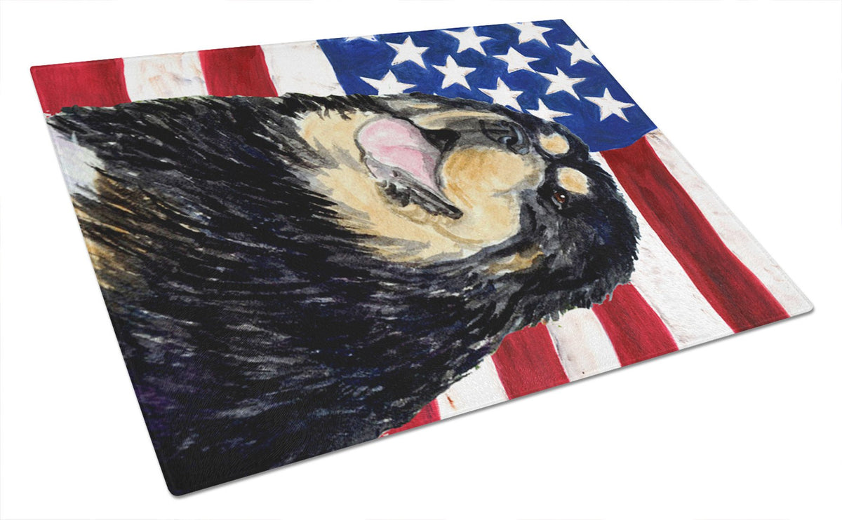 USA American Flag with Tibetan Mastiff Glass Cutting Board Large by Caroline&#39;s Treasures