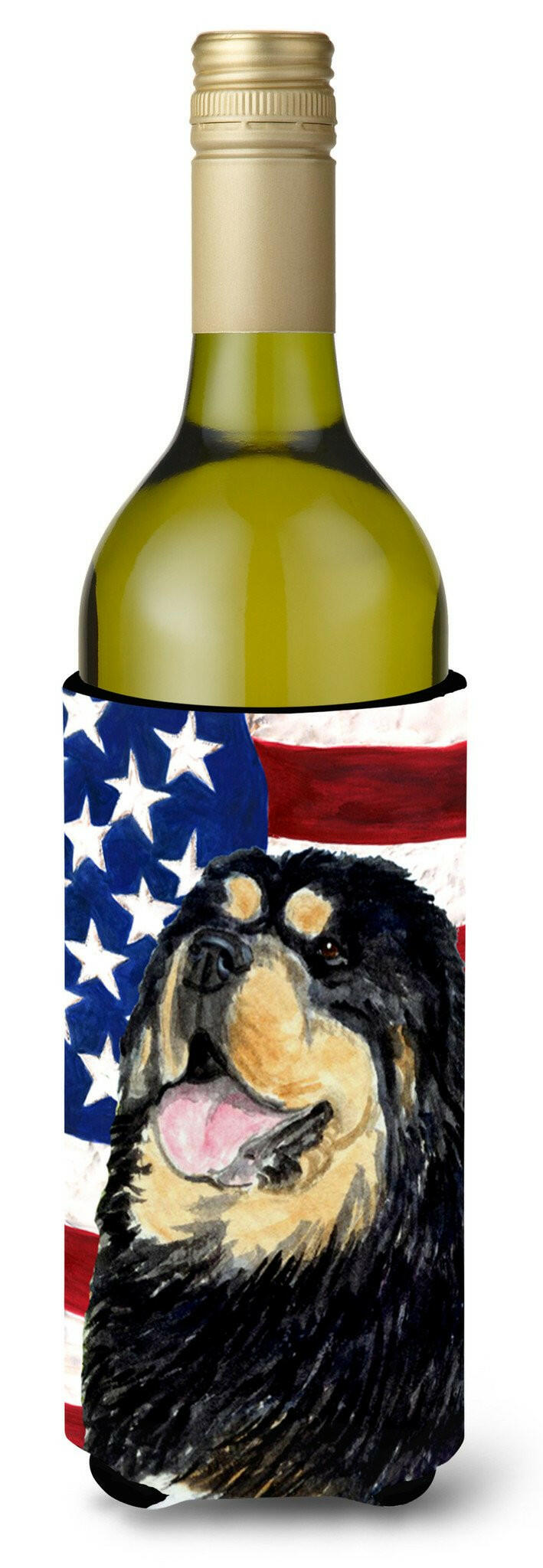USA American Flag with Tibetan Mastiff Wine Bottle Beverage Insulator Beverage Insulator Hugger by Caroline's Treasures