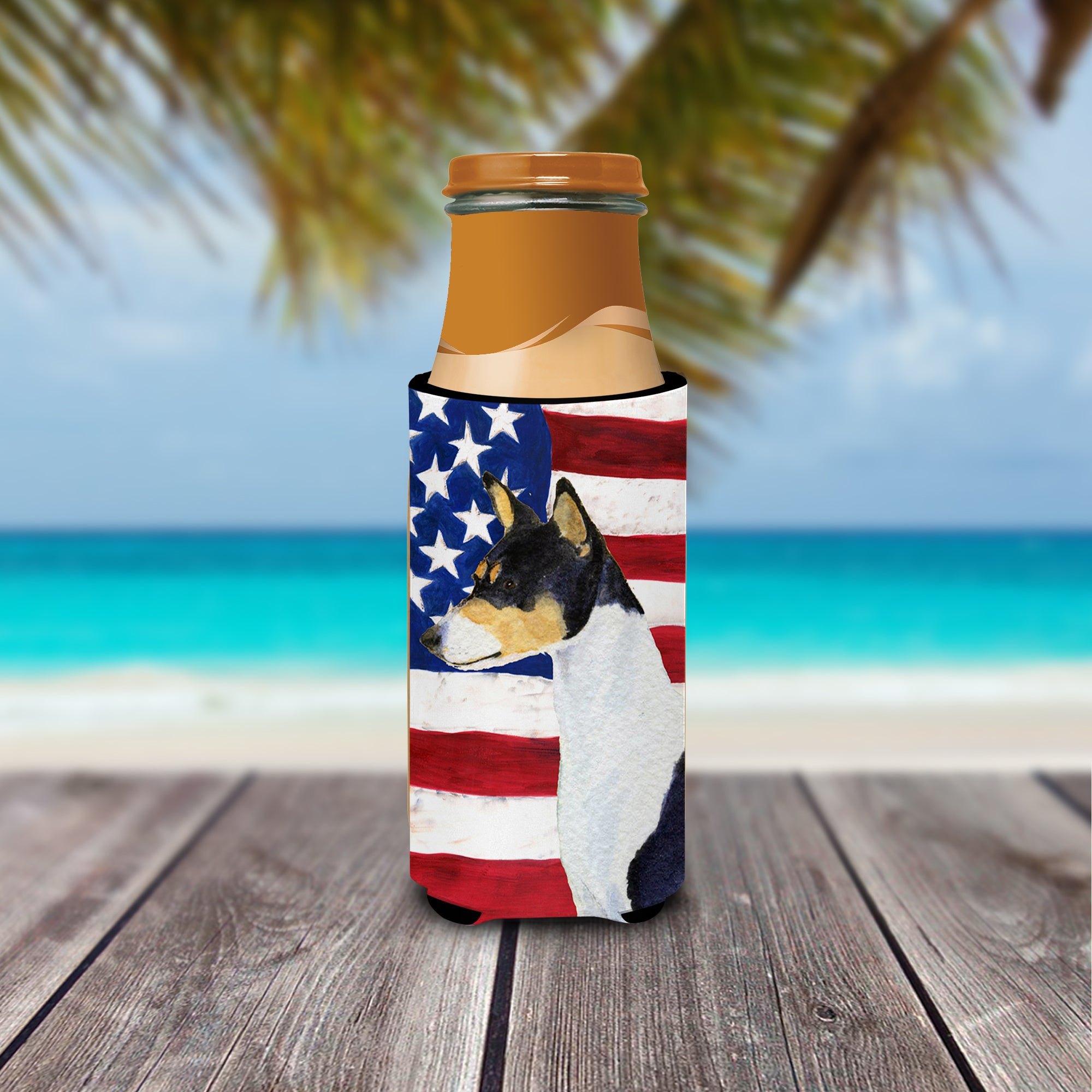 USA American Flag with Basenji Ultra Beverage Insulators for slim cans SS4041MUK