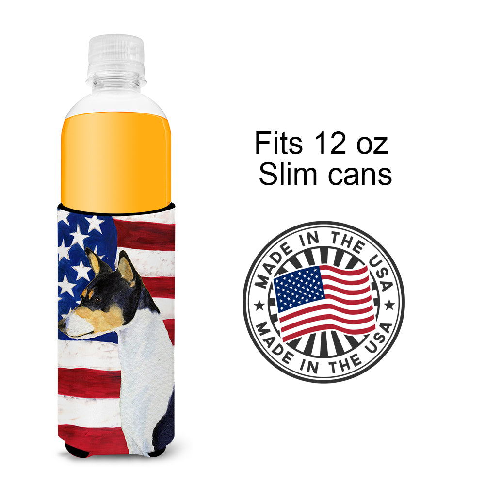 USA American Flag with Basenji Ultra Beverage Insulators for slim cans SS4041MUK.