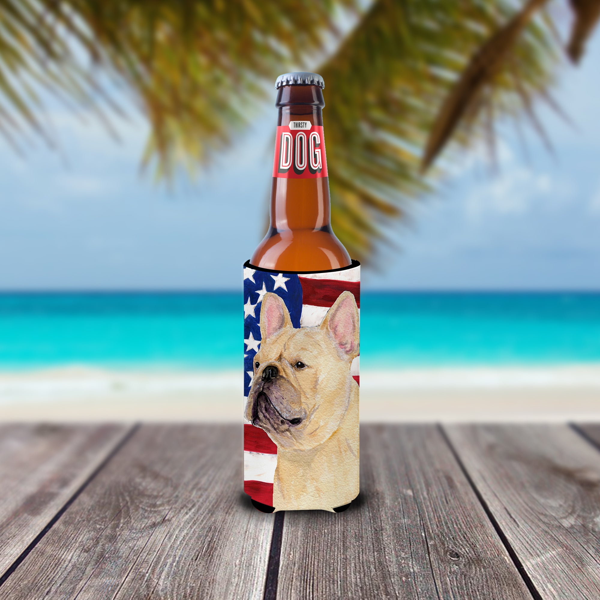 USA American Flag with French Bulldog Ultra Beverage Insulators for slim cans SS4047MUK.