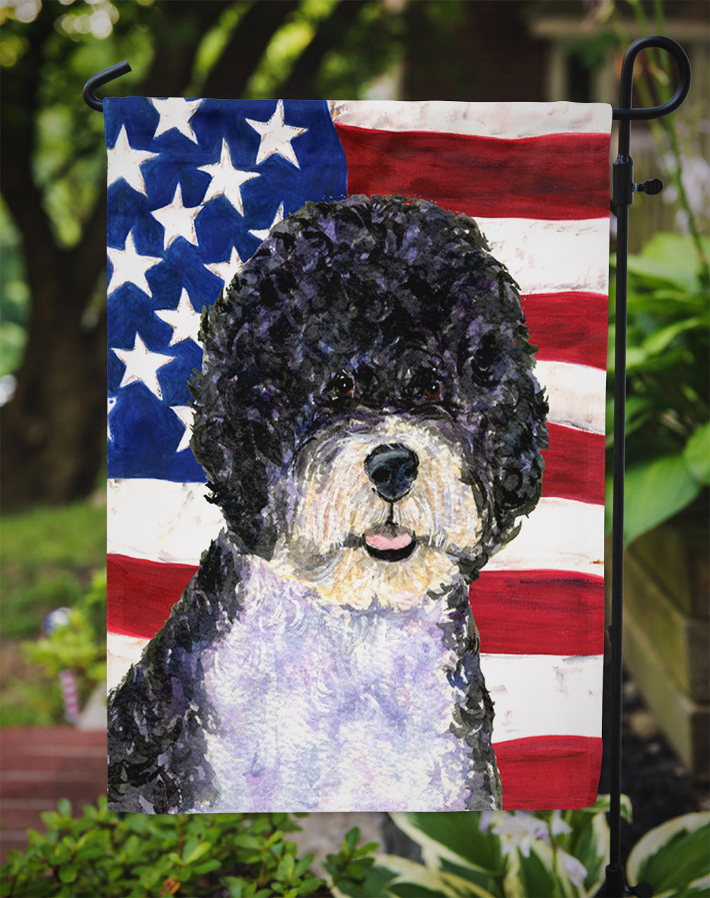 Caroline's Treasures USA American Flag with Portuguese Water Dog Garden Flag – Decorative Outdoor Yard Flag